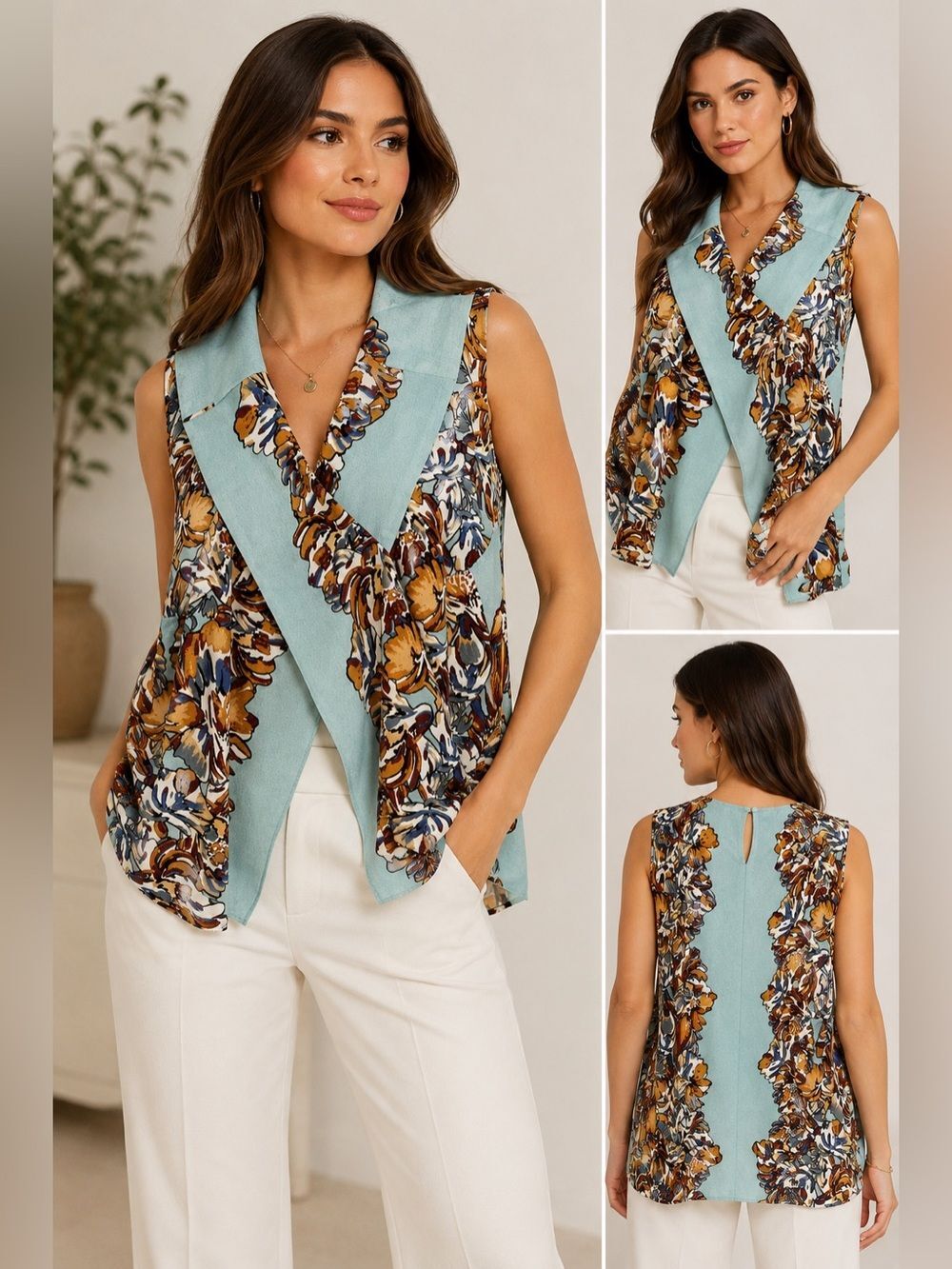 BCBGMAXAZRIA Maryssa Floral Sleeveless Draped Blouse Top Aqua Combo Large Boho